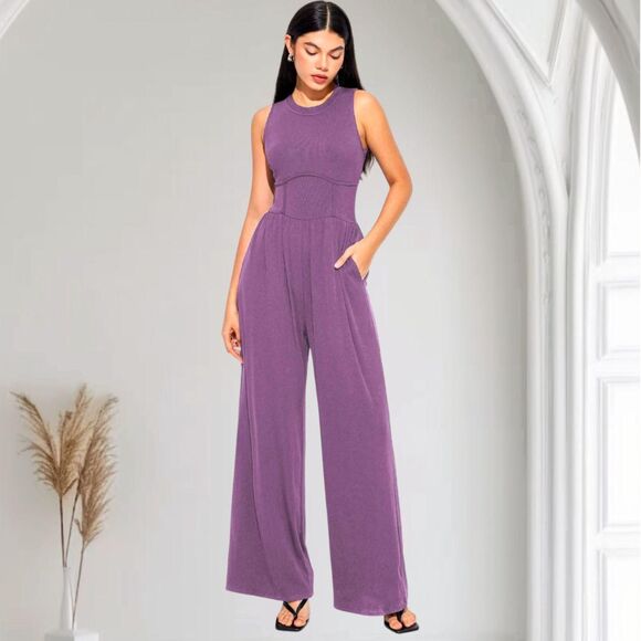 Cider Soft Purple Ribbed Solid Sleeveless Wide Leg Flare Elegant Jumpsuit M - Picture 1 of 7